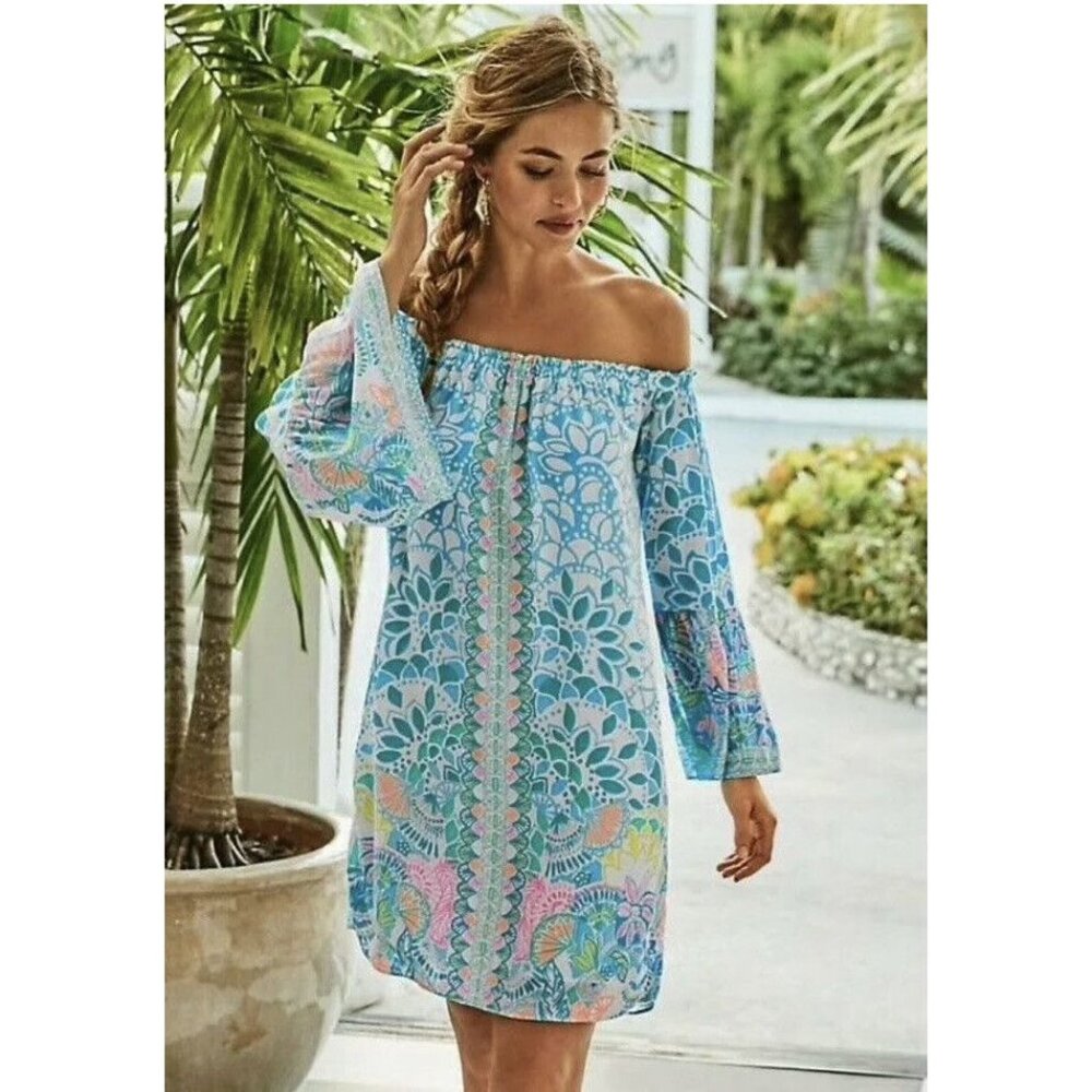 Lilly Pulitzer Nevie Caribbean Citrus Dress Off-The-Shoulder Dress Size Small